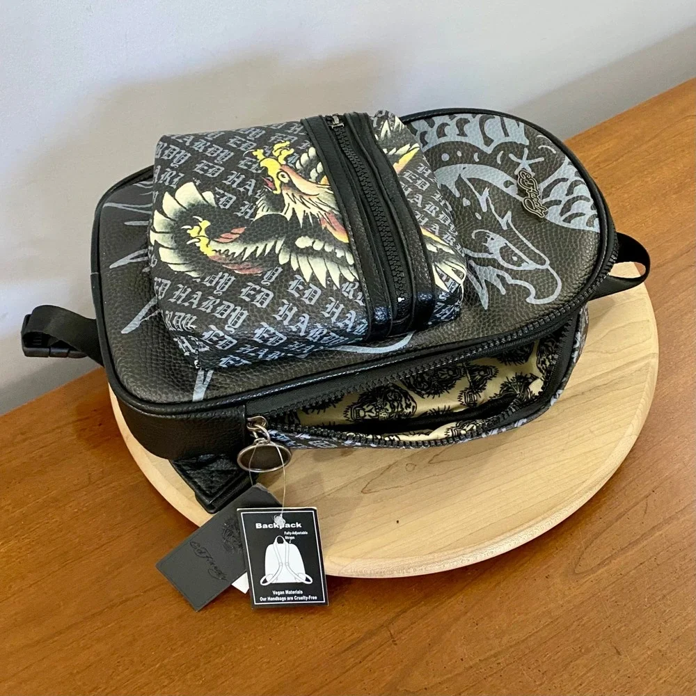 Ed Hardy Sling Bag Crossbody Backpack Black Vegan Leather Eagle Tattoo NWT